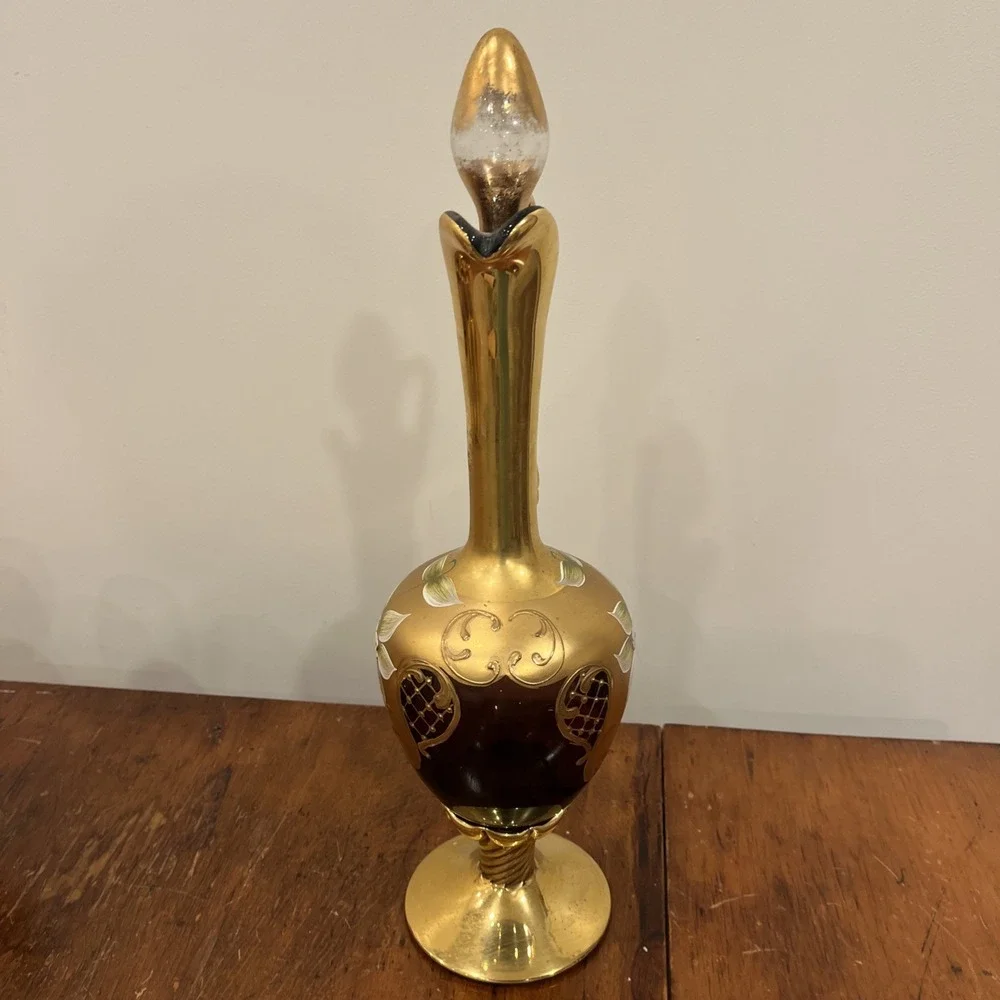 Vtg Tre Fuochi Italian Venetian Murano Glass Amber 24K Gold Floral Decanter Set